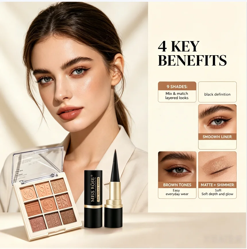 9-Color Matte Shimmer Nude Brown Eyeshadow Palette with Black Eyeliner Pencil Set Waterproof Long-Lasting Graduation Gift for Wo