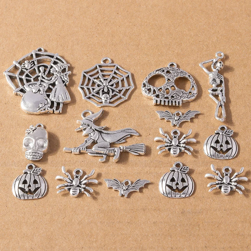 10/20 pcs Alloy Halloween Charms for Earrings Necklace Witch Spider Pumpkin Skeleton Pendants DIY Jewelry Making Accessories