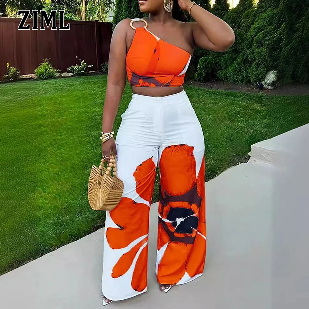 

ZIML Hit Color Printing Two Piece Sets for Women Diagonal Collar Sleeveless Short Tops High Waist Loose Pants Chic Set Female