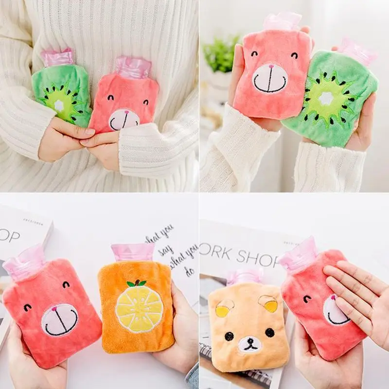 Cute Hot Water Bottle with Cartoon Soft Plush bouillotte Cover Portable Hand Warmer Girls Pocket Water Injection Hot Water Bag