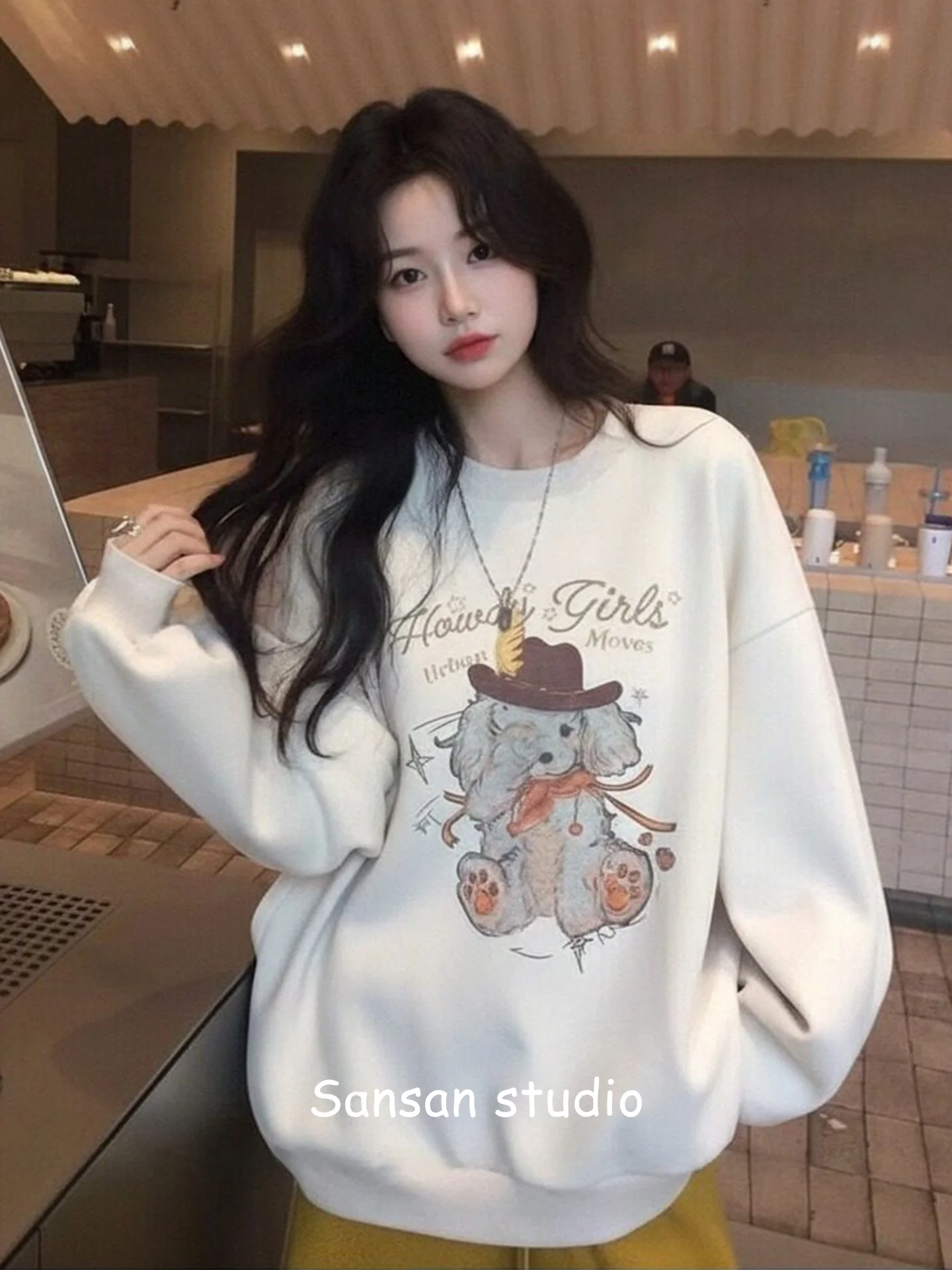 

Retro American round Ne Sweatirt Women Early Spring Clothing Dog Print Heavy Long Sve Loose Oversize Trendy Top