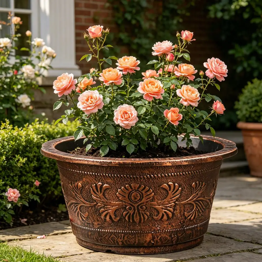 Flower Pot Thickened Resin Decorative Planter with Drainage Holes Large Capacity Bronze Embossed Outdoor Garden Flower Pot