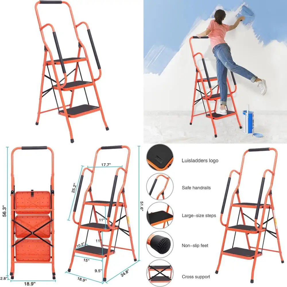 Scaletta portautensili pieghevole in acciaio a 3 gradini con impugnature imbottite e pedali larghi
