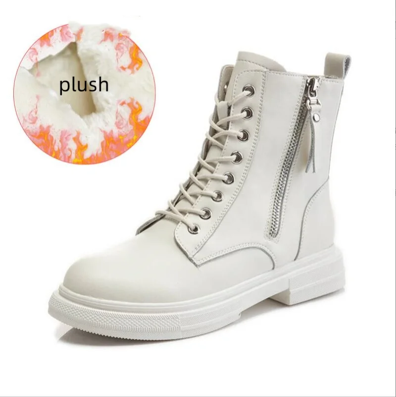 

Женская женская обувь из натуральной кожи, ботильоны на платформе со шнуровкой, теплая зима-осень, плюшевая мотоциклетная обувь на меху