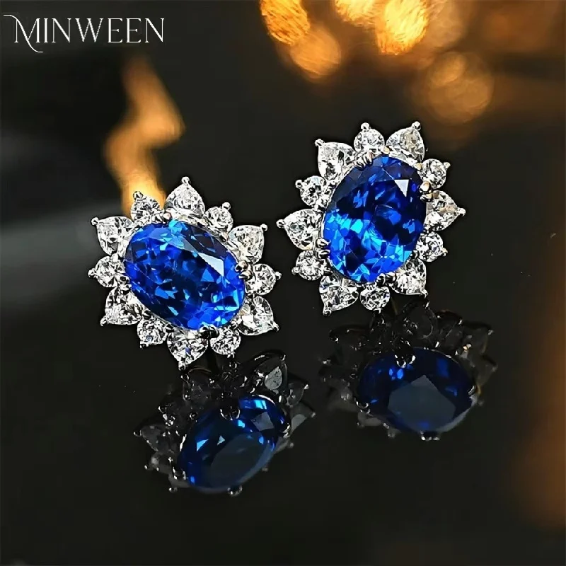 Minween Fashion Lab Sapphire 6*8mm Stud Earrings with 925 Silver Party Gift Jewelry
