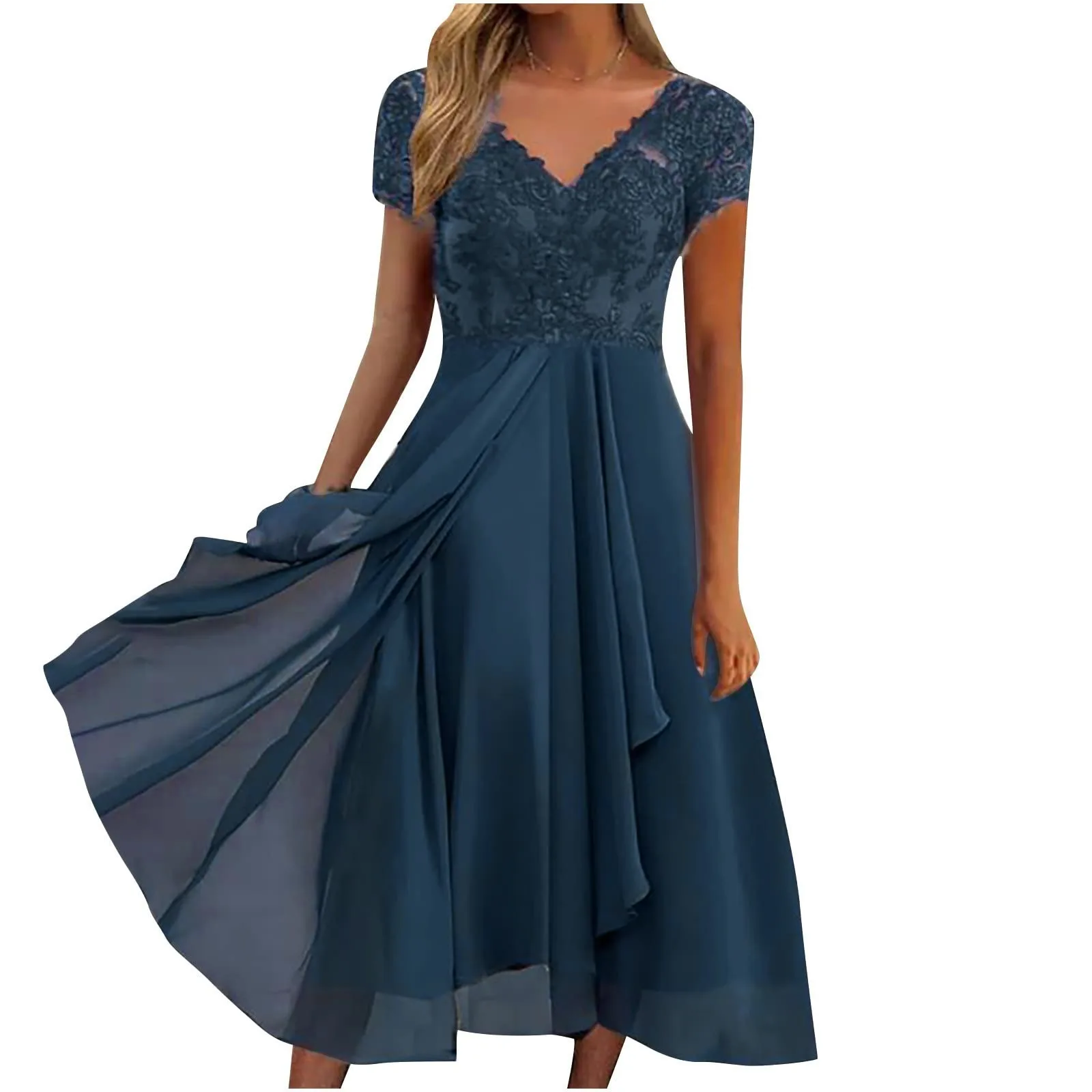 Vestidos Largos Dresses For Women Elegant Lace Chiffon Flowy Dress Evening Party Gown V Neck Short Sleeve Lace Chiffon Dress