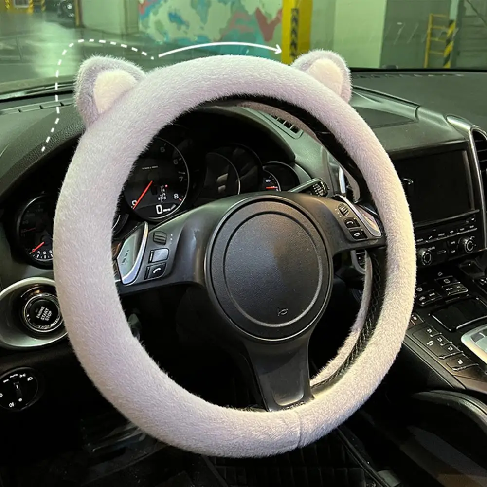 Pink Fluffy Steering Wheel Cover For Women Cute Cat Ears Plush Handle Cover Cartoon Steering-Wheel Case Universal