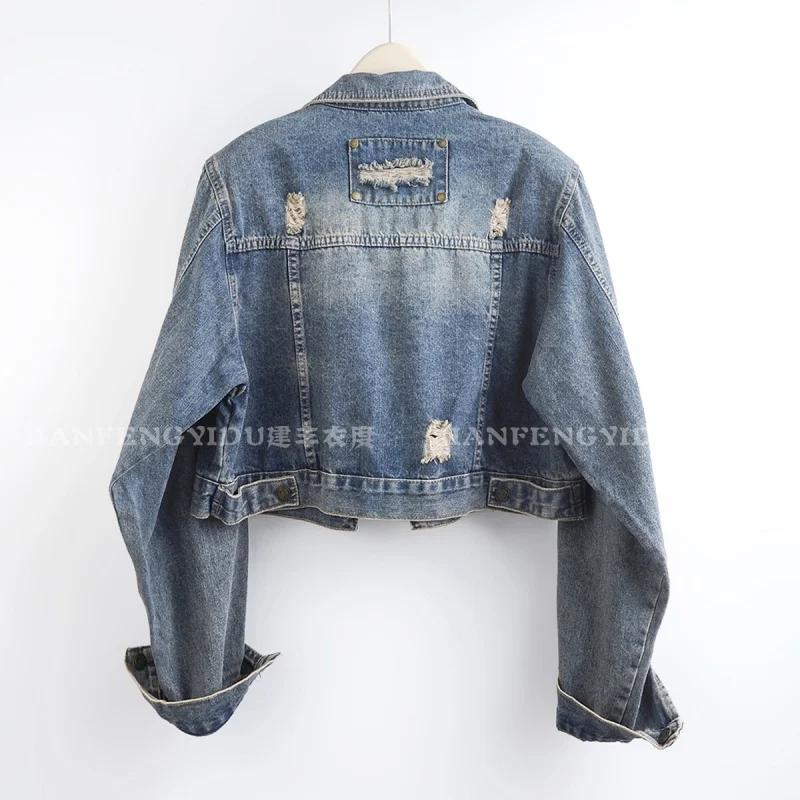 Autumn Fashion Frayed Burrs Hole Blue Short Denim Jacket Women Loose Casual Turndown Collar Long Sleeve Jeans Jacket Coat Female
