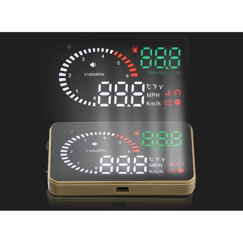 OBDII Compatible Head-Up Display for Vehicle Dashboards Showing Speed RPM Fuel Use Water Temp Low Voltage and Overheat Alerts