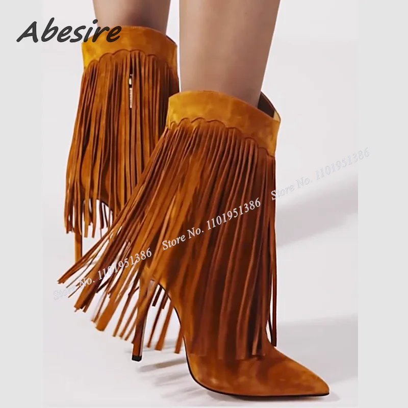 

Abesire Fringe Decor Short Boots Solid Side Zipper Mid Calf Boots Pointed Toe Shoes for Women High Heel Fashion Zapatillas Mujer