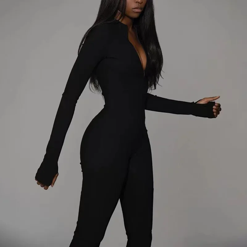 

2025 New Solid Jumpsuit Women Sporty Rompers Summer Fitness Long Sleeve Zipper Elastic One Piece Elegant Black Bodysuit