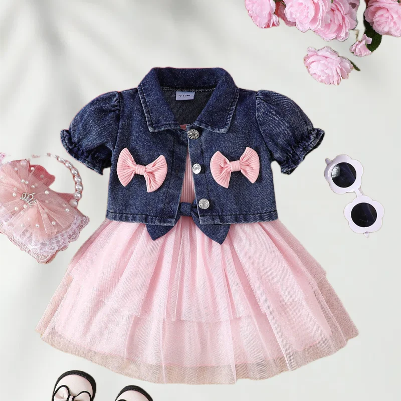 

Summer 0-6Y Kids Clothes Girls Denim Collar Short Jacket 2pcs Set Sling Dress Bowknot Tulle Puff Skirt Girl Outfit