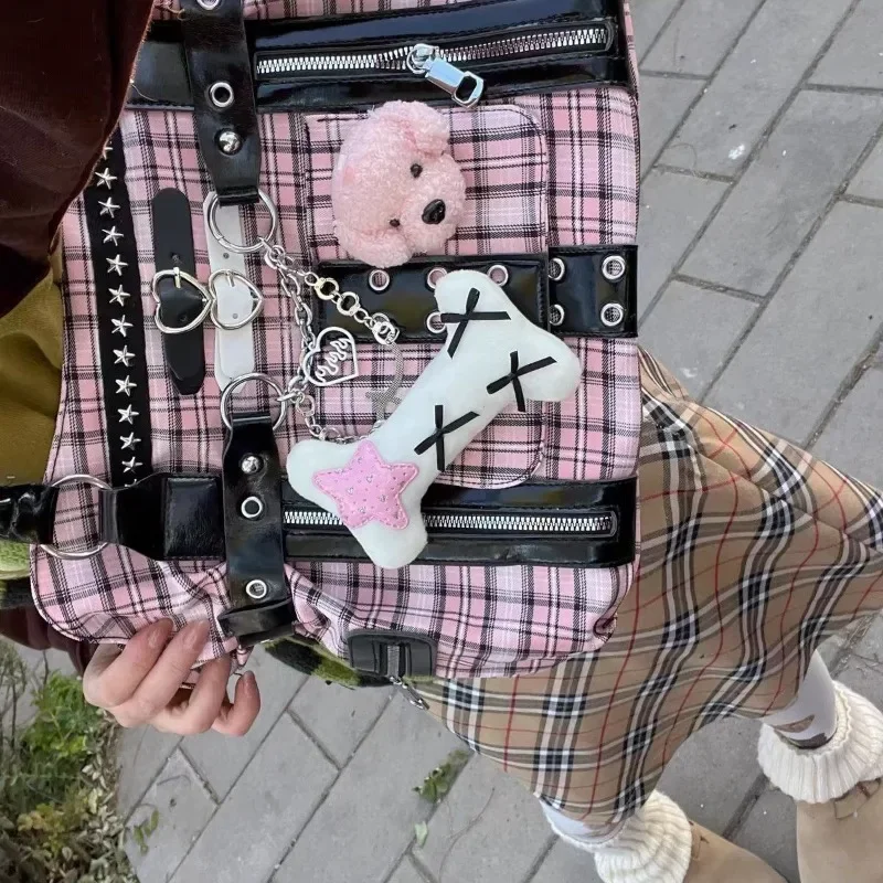 MBTI Pink Womens Shoulder Bag Plaid Canvas Y2k Original Punk Fashion Tote Bag Aesthetic Literary Rivets Large Capacity Handbag