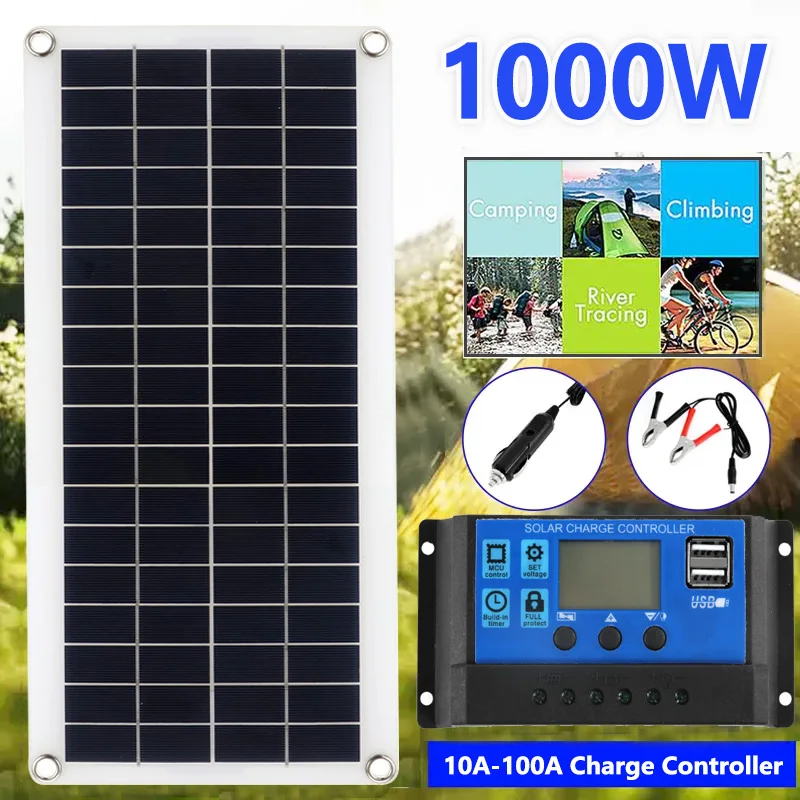 1000W Solar Panel 12V-18V Solar Cells 10A-100A Controller Solar Plate For Phone RV Car MP3 Camping Home Outdoor Battery Supply