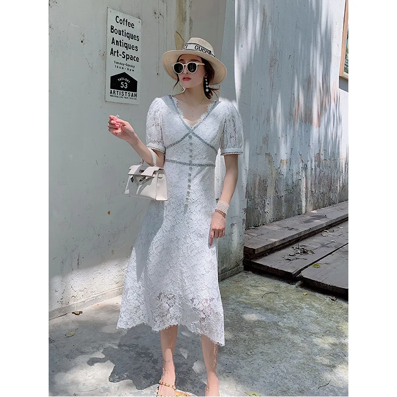 

Dropshipping in Stock Summer Water Soluble Lace Drill Temperament Fairy Skirt Long Waist-Controlled White First