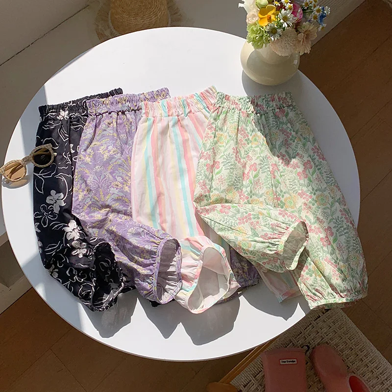 2-8T 100% Cotton Flower Girls Pant Summer Toddler Kid Baby Clothes Loose Floral Pant Cute Sweet Children Thin Trousers