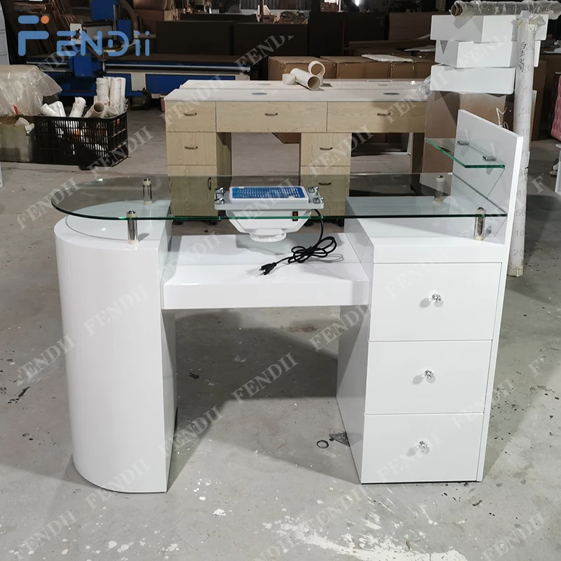 Маникюрный стол со стеклянной столешницей Деревянный современный стол для ногтей с пылесборником