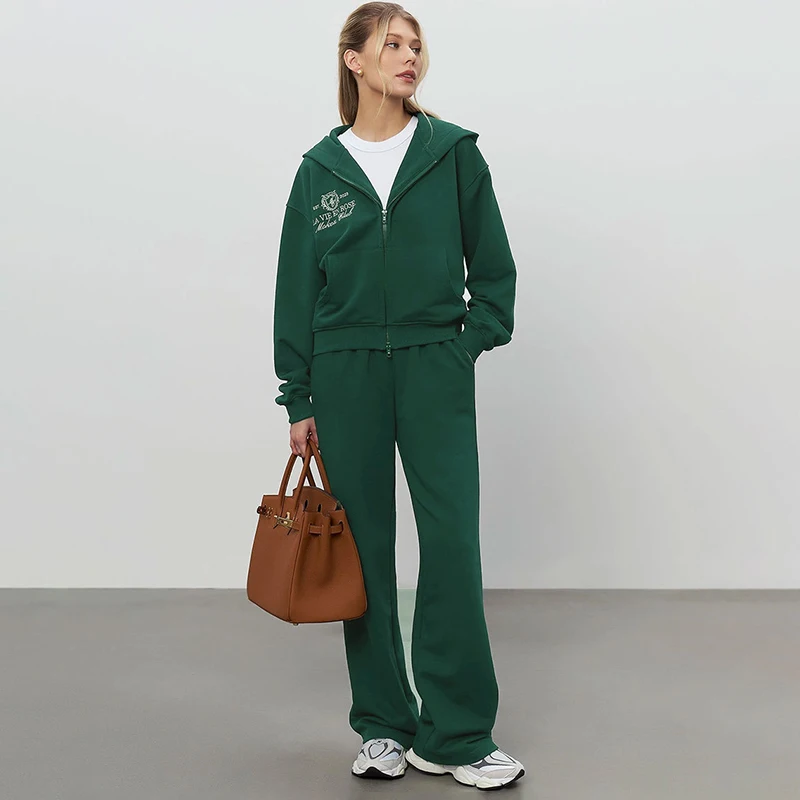 

Tornova Sports Hoodie Long Pants 2 Piece Sets Women's Cropped Embroidery Zipper Sweatshirt Leisure Wide-Leg Pant Suit Autumn New