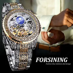 FORSINING Watch for Men Tourbillon Automatic Mechanical Skeleton Engraved Vintage Moon Phase Steel Strap Men Watch Reloj Hombre