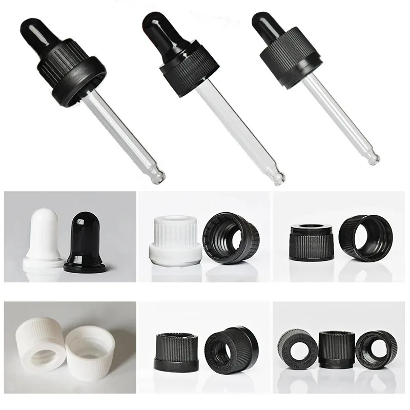 

50pcs/lot Plastic Black/White Screw Press Dropper Cover Cap with Glass Pipette for 5/10/15/20/30/50/100ml Essential Oil Bottles