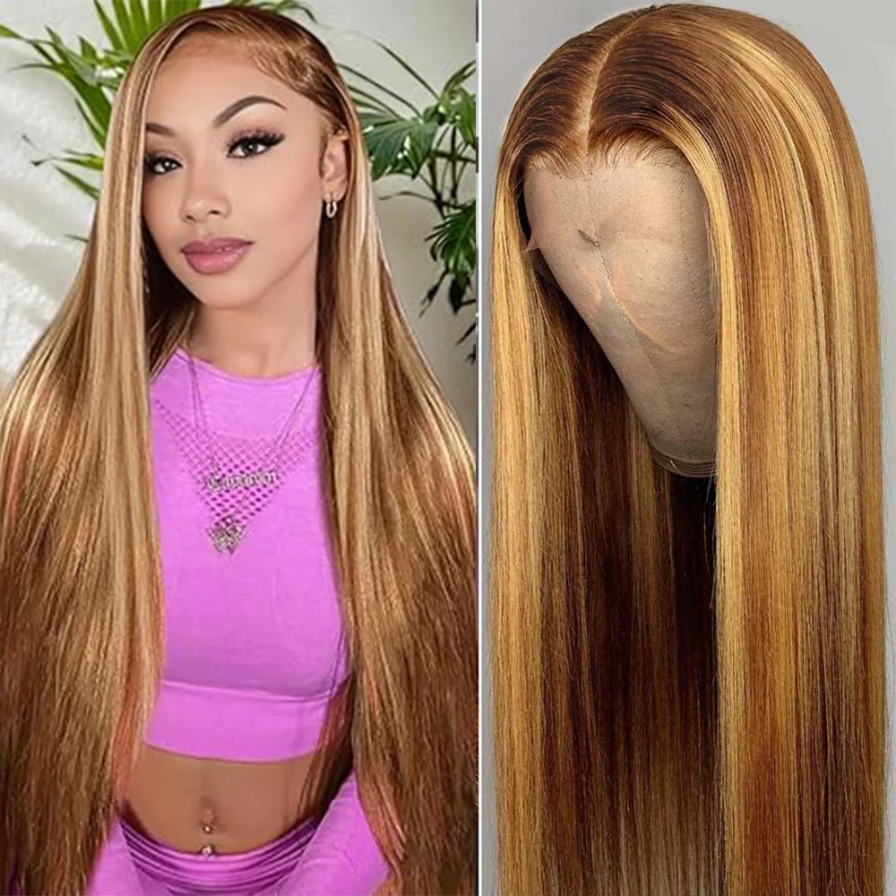 

Highlight 13x4 Full Frontal Lace Preplucked Colored p4/27 200 Density Straight Frontal Wig HD Transparent Lace Human Hair Wigs
