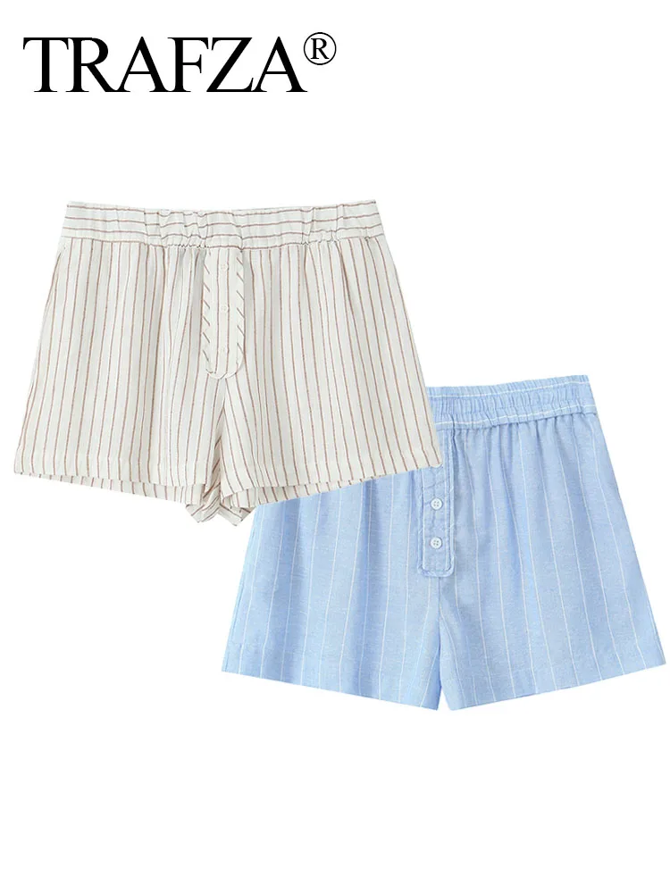 

TRAFZA Summer Shorts Women 2024 Trendy Stripe High Waist Elastic Waist Buttons ​​​​​​​​​Female High Street Short Pants 2 Color