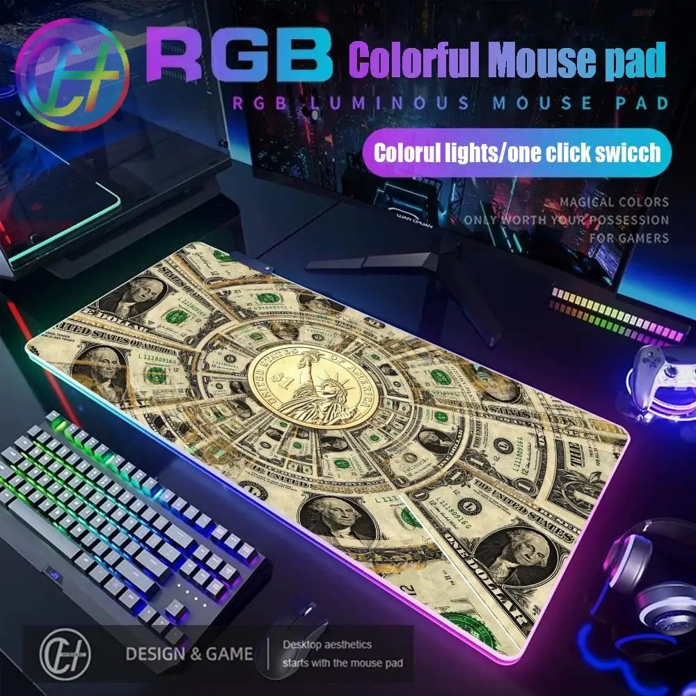 

HYBXAXC Gaming Laptop Dollar Printing Mouse Pad RGB Gaming Mouse Pad Desk Mat HD Gamer Large LED Light XXL 800x400x4mm Mouse Pad