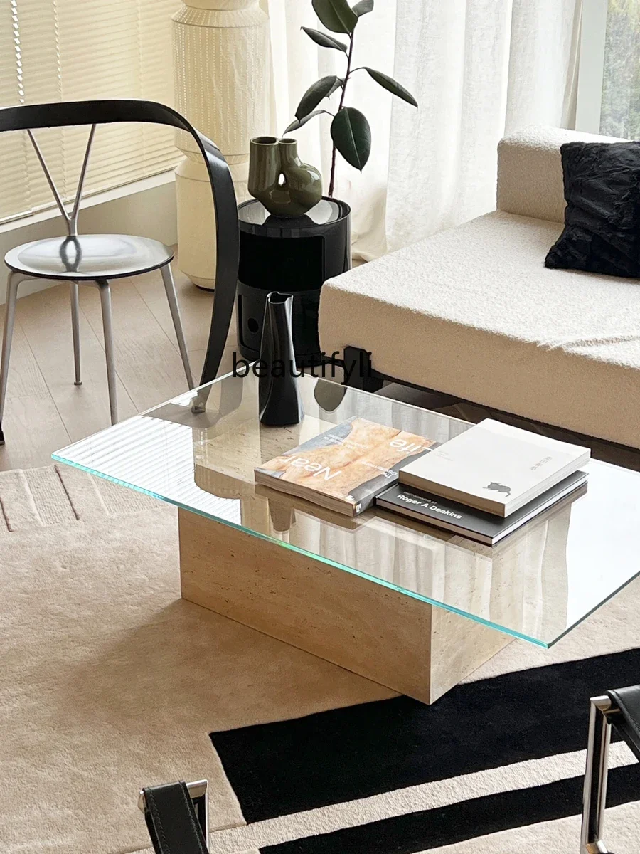 

zzModern simple natural travertine coffee table ultra-white glass coffee table small apartment minimalist living room tea table