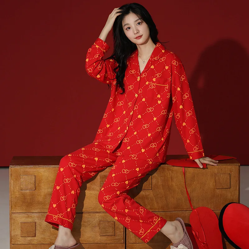 Pure Cotton Pajamas Women's Spring Autumn Red Lucky Cardigan Long Sleeve Two-Piece Set Fashion Elegant Celebration Home Clothes