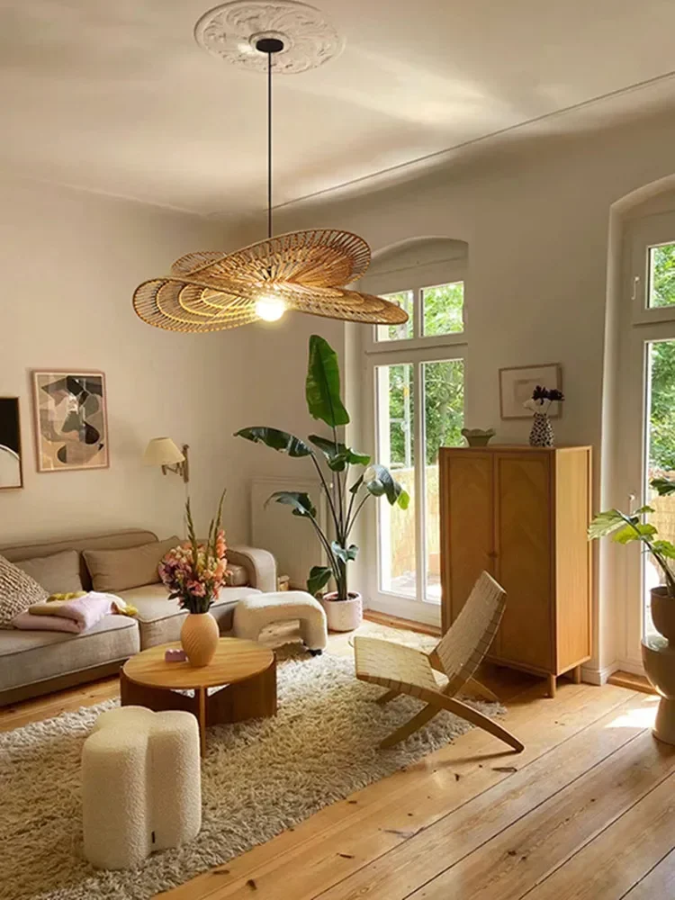 Nordic Retro LED Pendant Lights Rattan Hand-woven Lamp Restaurant Home Decor Bedroom Living Room Creative Dining Room Chandelier