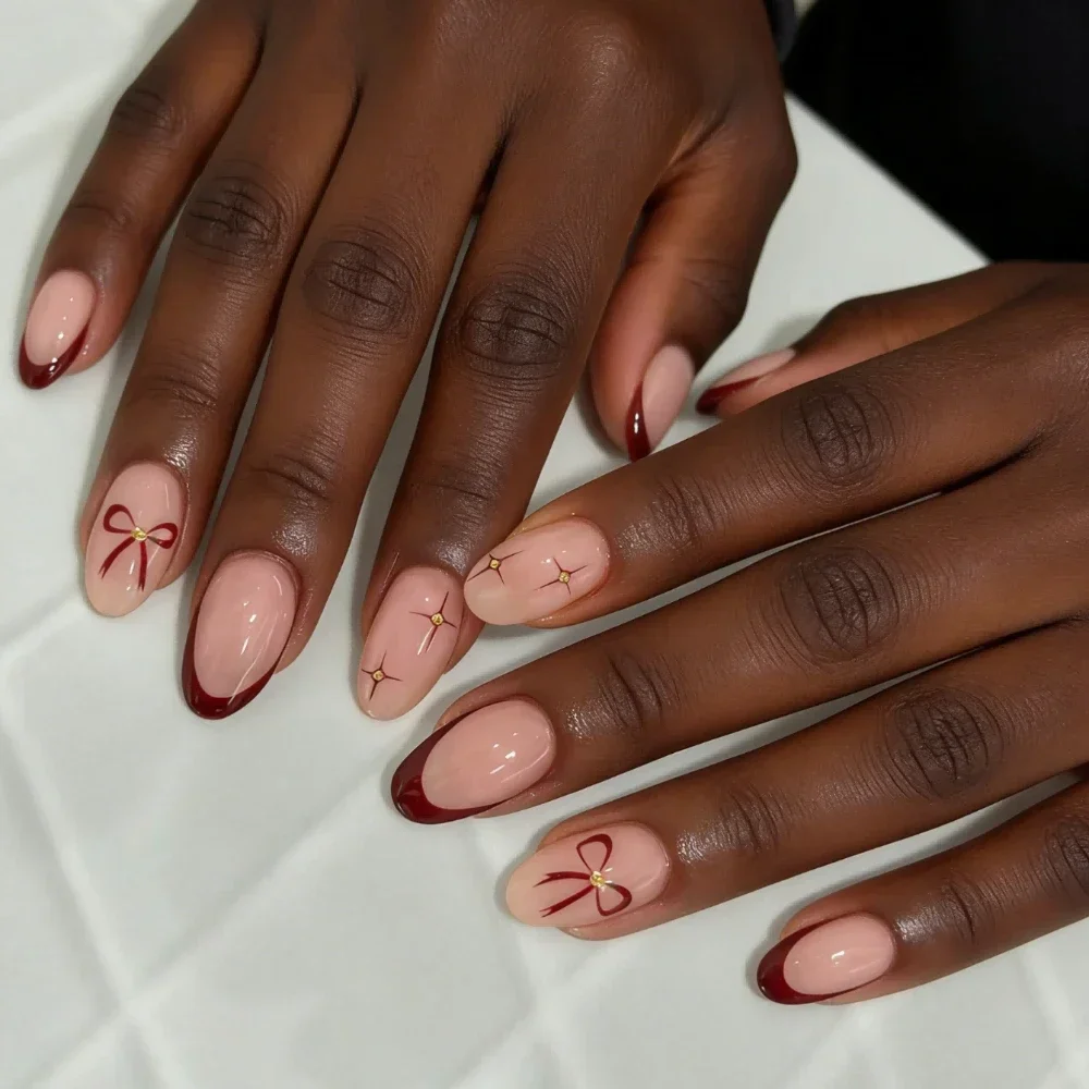 

24 Cute Star French Almond Fake Nails with Bow Design, Acrylic Wearable, Full Set of Oval Fake Nails Press on Acrylic Nails Almo