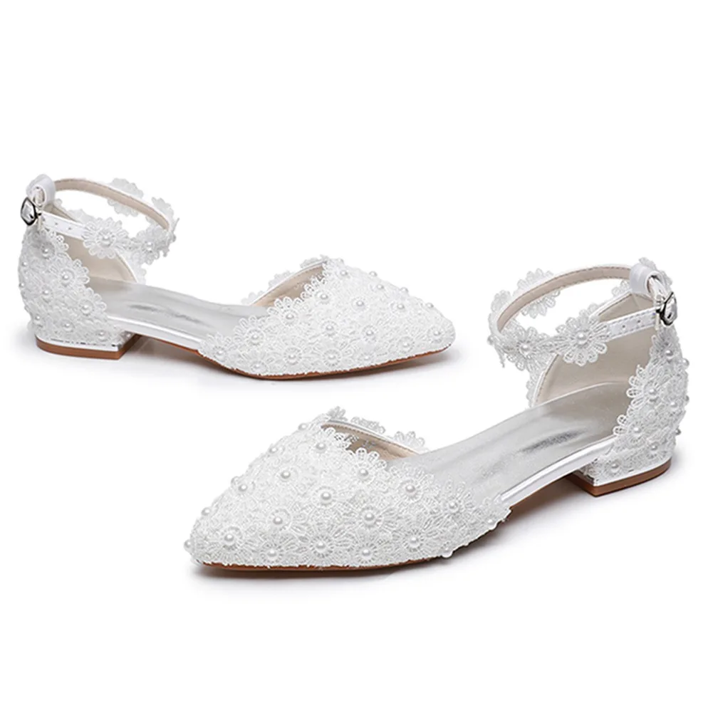 2cm Spring/Summer Flat Heel Casual Pointed Hollow Sandals Low Heel Shallow Mouth Lace Flower Buckle Bridal Shoes for Women