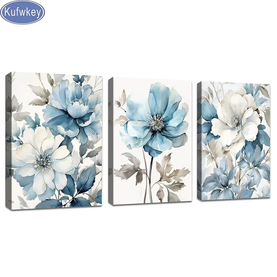 Vintage Blue Flower Diamond painting Triptych Home decoration 3 pieces Full Square Round diamond Mosaic embroidery still life