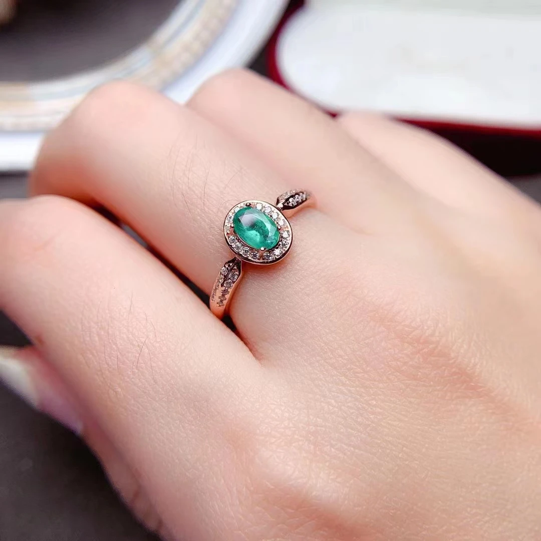 

Natural Emerald Silver Ring for Proposal 4mm*6mm Emerald Ring for Engagement Solid 925 Silver Emerald Jewelry