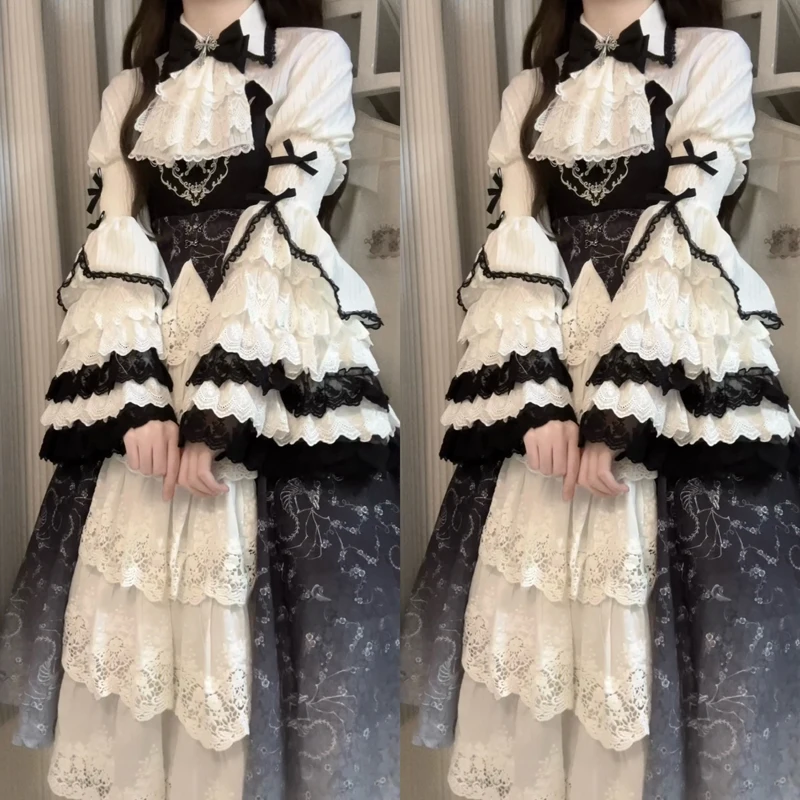 

Two-Pieces Lolita Original Skull Magic High Waist Long Dress Set Women Lolita Halloween Horn Long Sleeve Shirt Suspender Dress