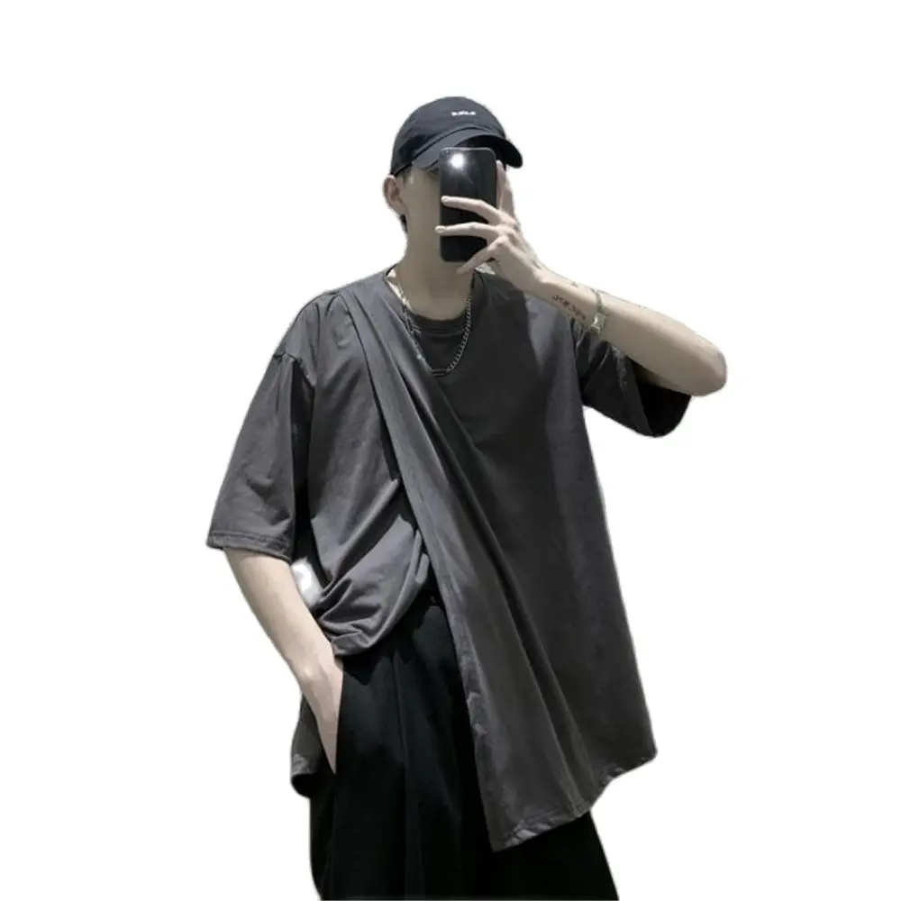 Japanese Half Sleeved Tops Men T Shirts Summer Korean Trend Handsome Solid Asymmetric Design T-Shirt Trendy Loose Hiphop Cotton