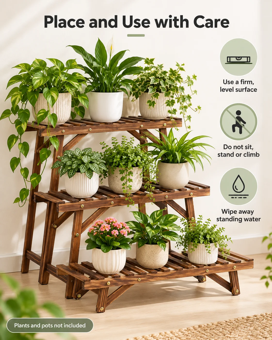 3 Pack Wooden Plant Stands Pine Wood Plant Shelf Set 70cm Wide Freestanding Flower Pot Display for Living Room Balcony