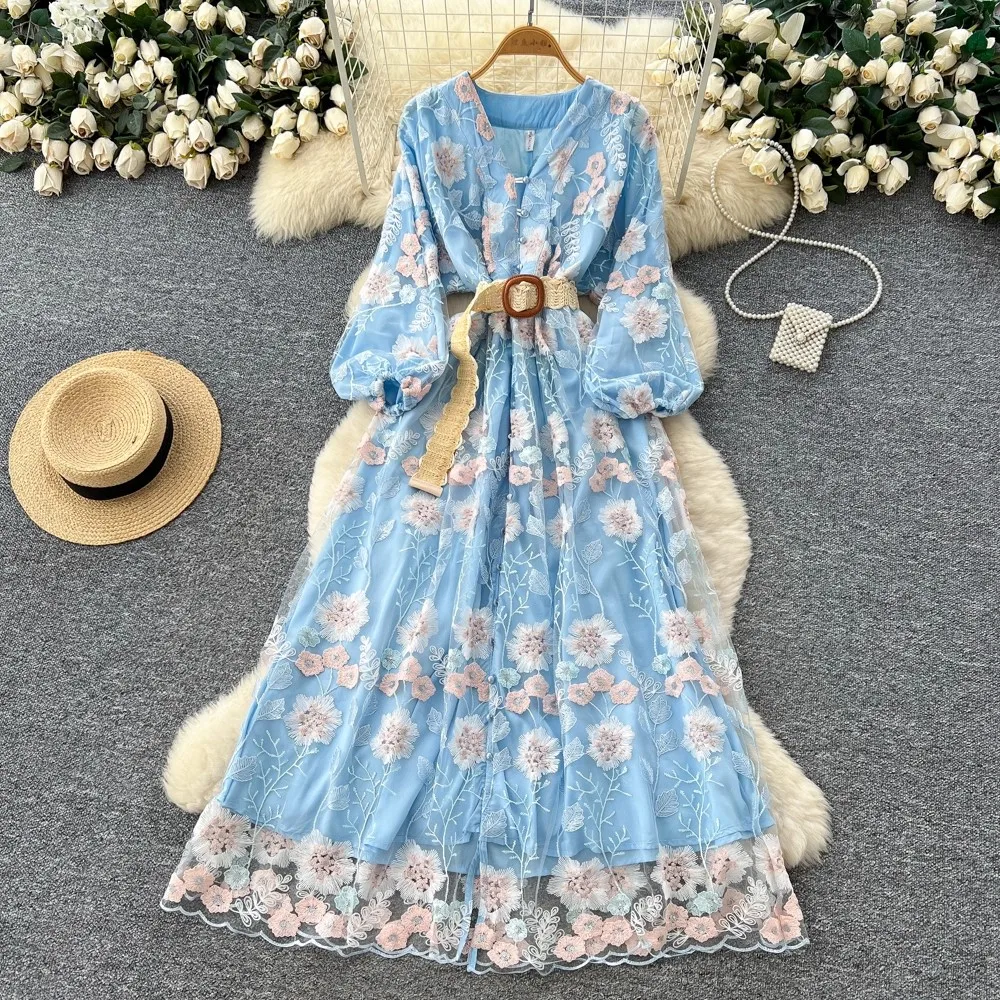 

Autumn Runway Flower Lace Embroidered Dress French Women V-Neck Lanetern Sleeve Elegant Sashes Vintage Party Long Robe Vestidos