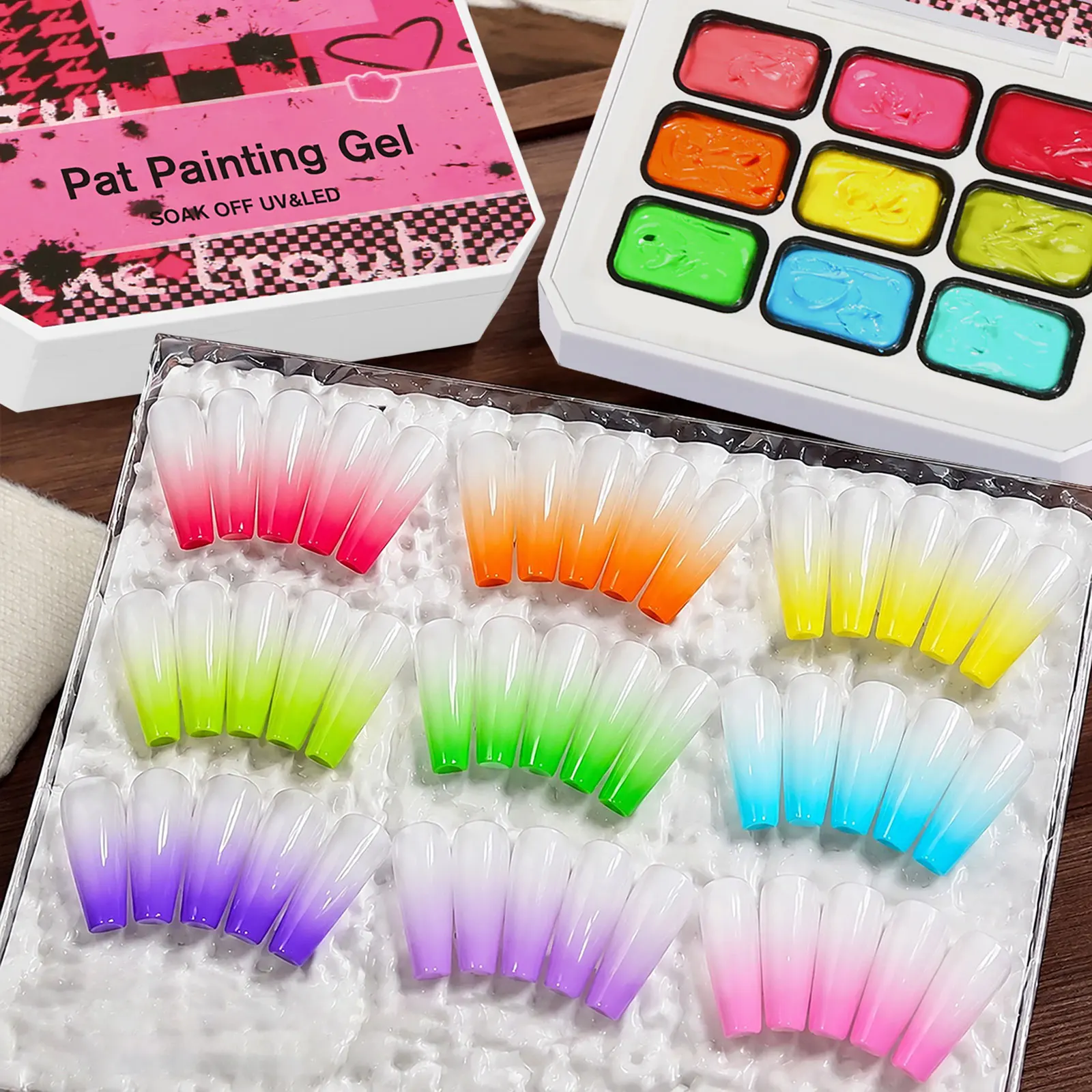 Kit de gel de pintura Ovanlee con 9 colores – paleta de esponja con gel degradado neón, gel UV/LED de alta pigmentación que se retira con un limpiador, ideal para diseños de uñas con efecto ombré y efecto de flores, diseño de caja estilo Y2K.