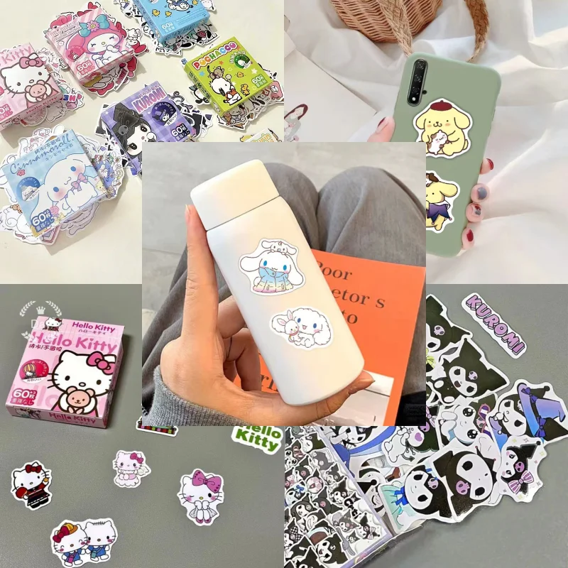 60Pcs Sanrio Hello Kitty Kuromi Cinnamoroll Sticker for Laptop Phone Diary Cute Cartoon Waterproof Anime Sticker Accessories Toy