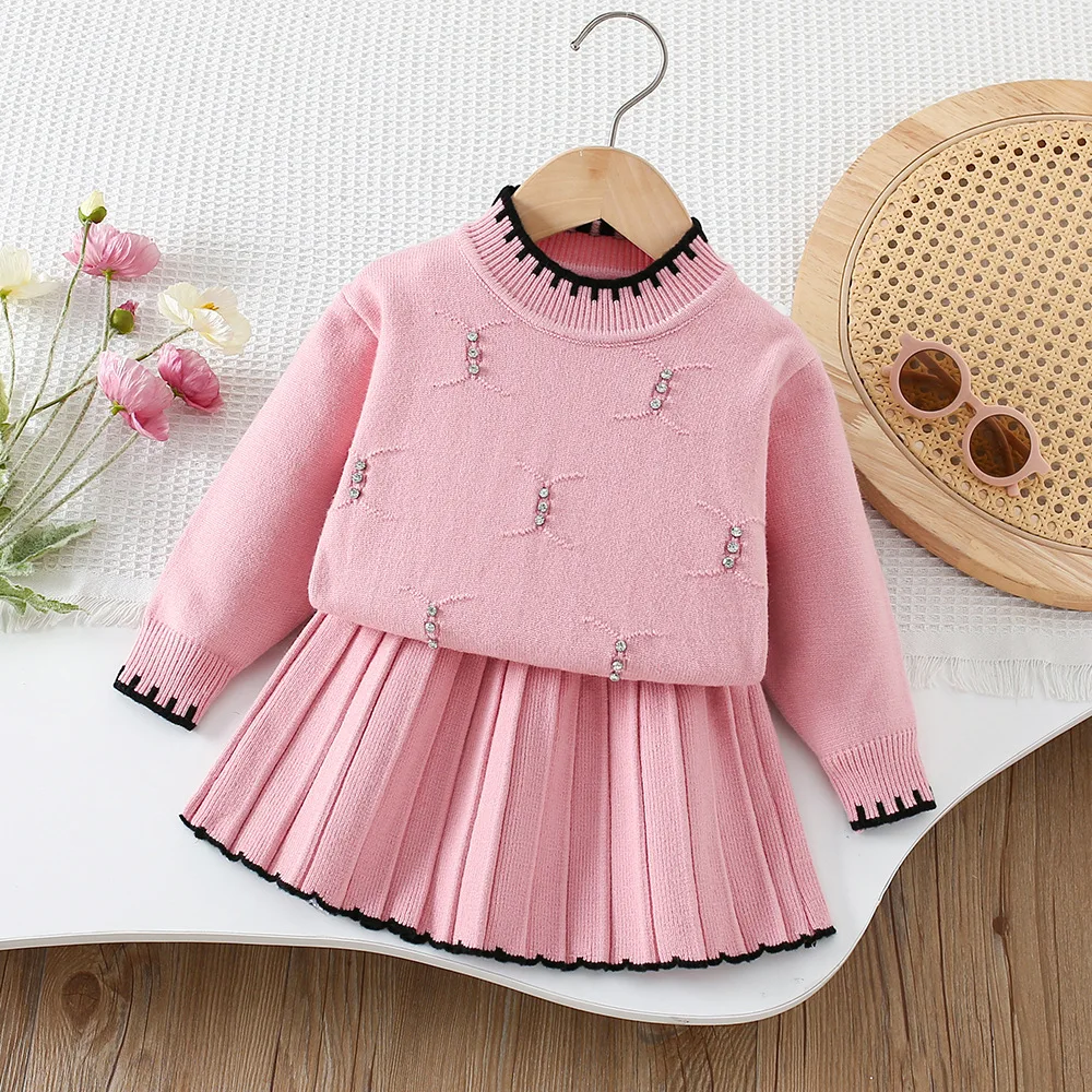 LILIGIRL 2026 Autumn Children Outfit 2PCS  Kids Sweater Set 9M-5T Fashion Girls Baby Bead Pullover + Short Skirt Korean