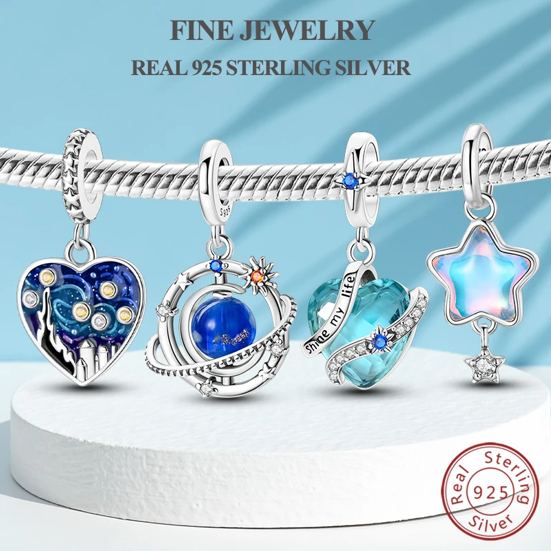 

100% стерлингового серебра 925 пробы, подвески из бисера Ван Гог, звездное небо, светящаяся планета, Солнце, Луна, подвеска, подходит для оригинального браслета, ювелирные изделия своими руками