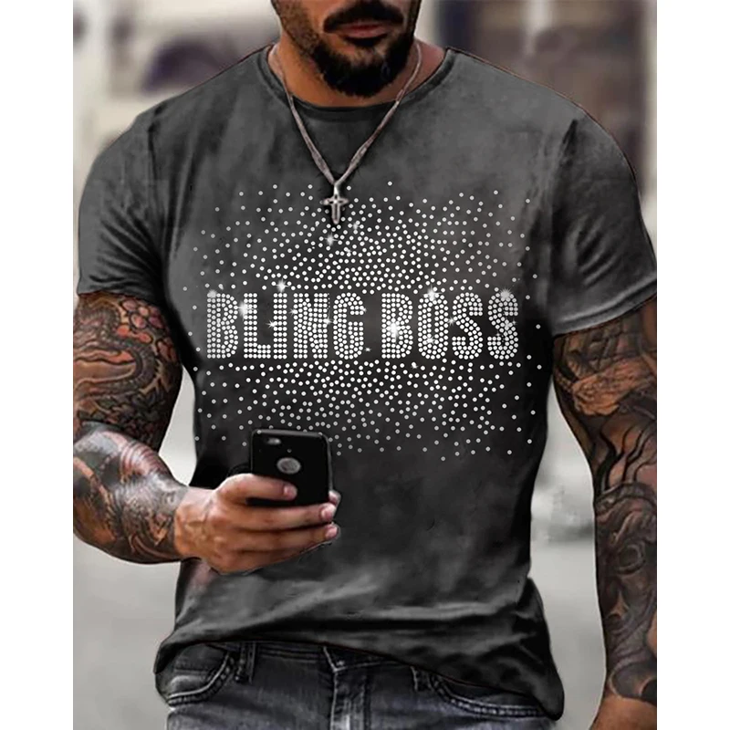 Men\'s Clothing High Quality Fashion Oversized Tee y2k Boss Rhinestone Designer Short Sleeve Top Party Casual Street T-Shirts New