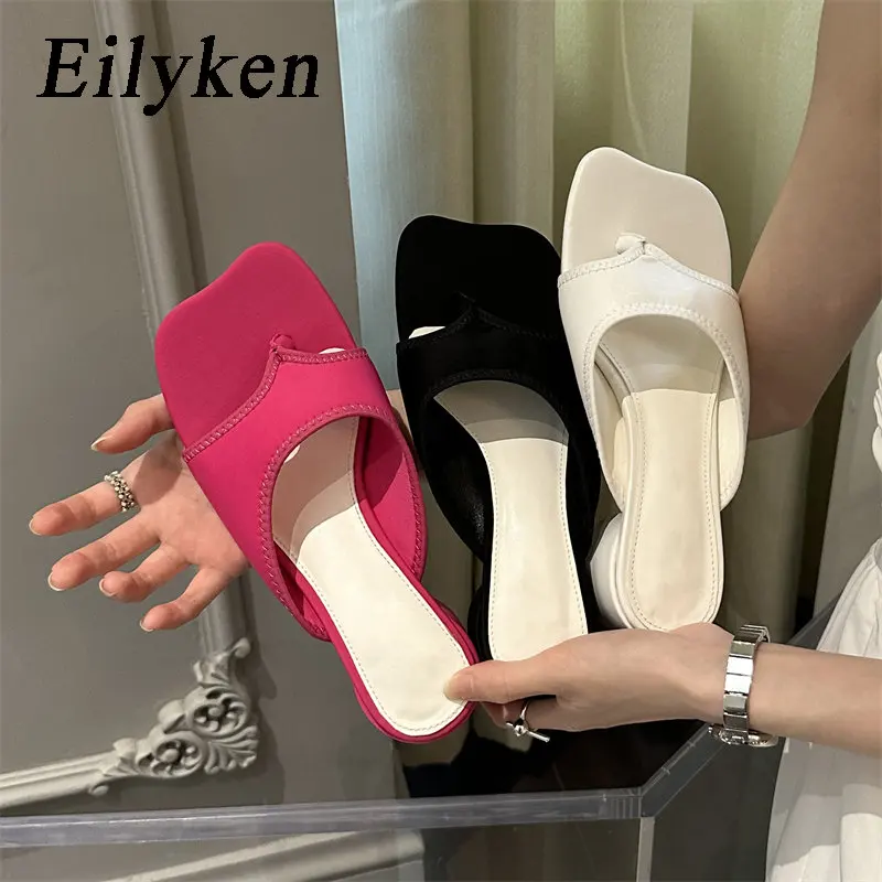 Eilyken Summer Satin Square Clip Toe Female Slippers Fashion Low Heels Casual Party Beach FLIP FLOPS Women Shoes