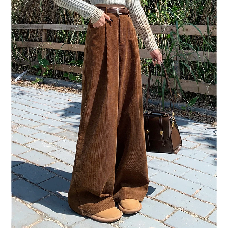 

Vintage Corduroy Pants Women Korean All Match Wide Leg High Waist Baggy Straight Trousers Spring Fall Casual Streetwear Bottoms