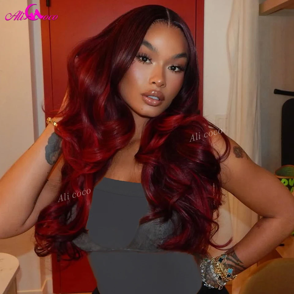 

Выделите красный цвет Объемная волна Парик из человеческих волос Ombre Бордовый цвет 13x6 HD Парик фронта шнурка Предварительно выщипанный плотность 180 для женщин