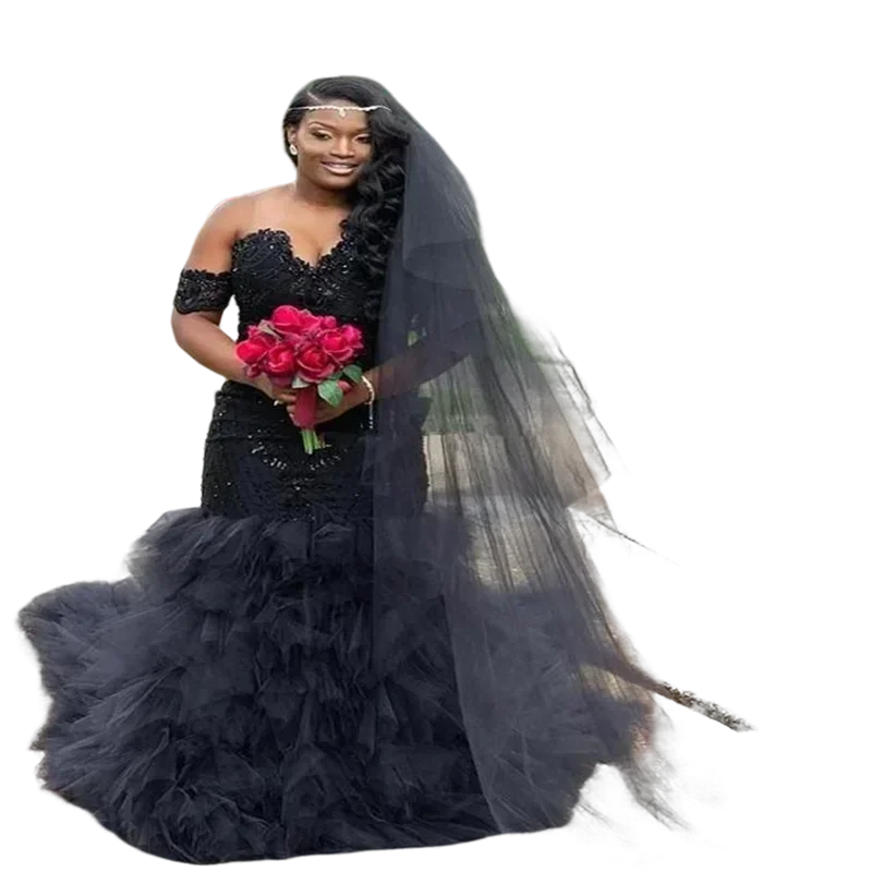 

Новое индивидуальное свадебное платье «Русалка» 2025 года, черное, сексуальное, с открытыми плечами, кружевными аппликациями, в стиле винтаж, для сада, африканское, с оборками, свадебное платье