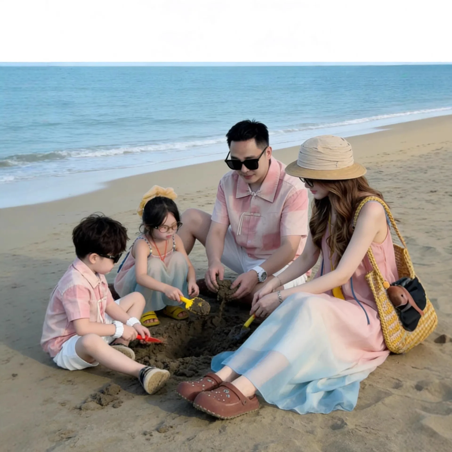 2026 Summer New Chinese Family Matching clothes Mom Daughter Tie Dye Gradient Dresses Dad Son Shirts Beach Vacation