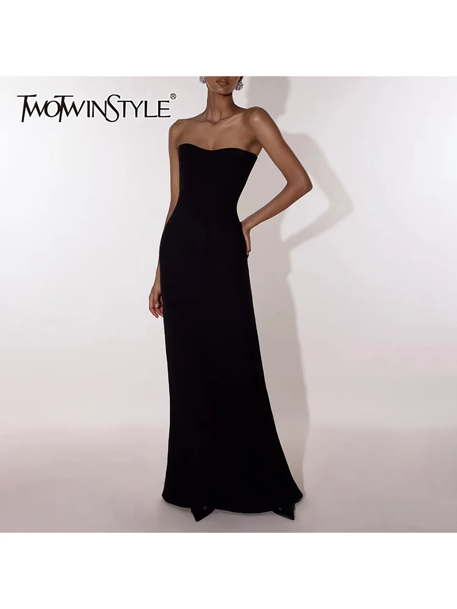 

TWOTWINSTYLE Black Slimming Elegant Long Dresses for Women Strapless Sleeveles High Waist Evening Dress Female Autumn Clothing