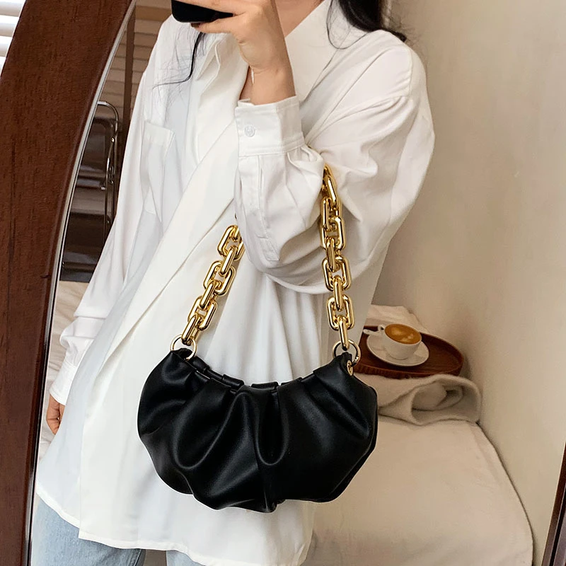 Exquisite shopping bag retro casual lady handbag shoulder bag lady genuine leather solid color metal chain tote bag pleated bag